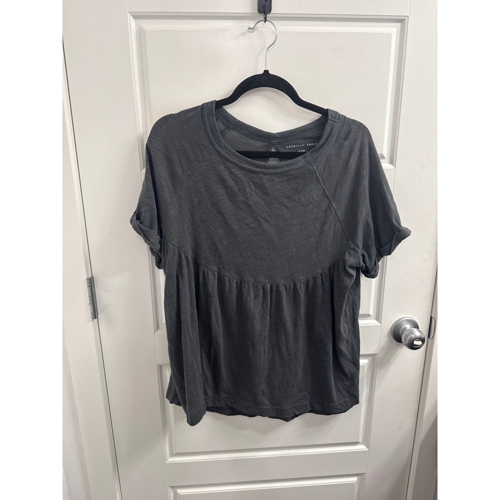 American Eagle Womens Charcoal Gray Babydoll Peplum Top Keyhole Back Small